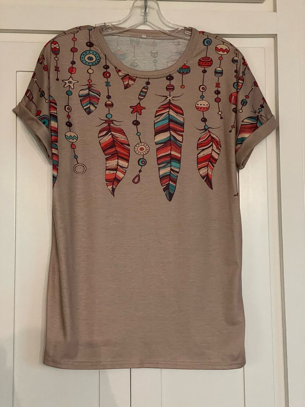 Aztec design feathers dreamcatcher t-shirt ladies Med tan